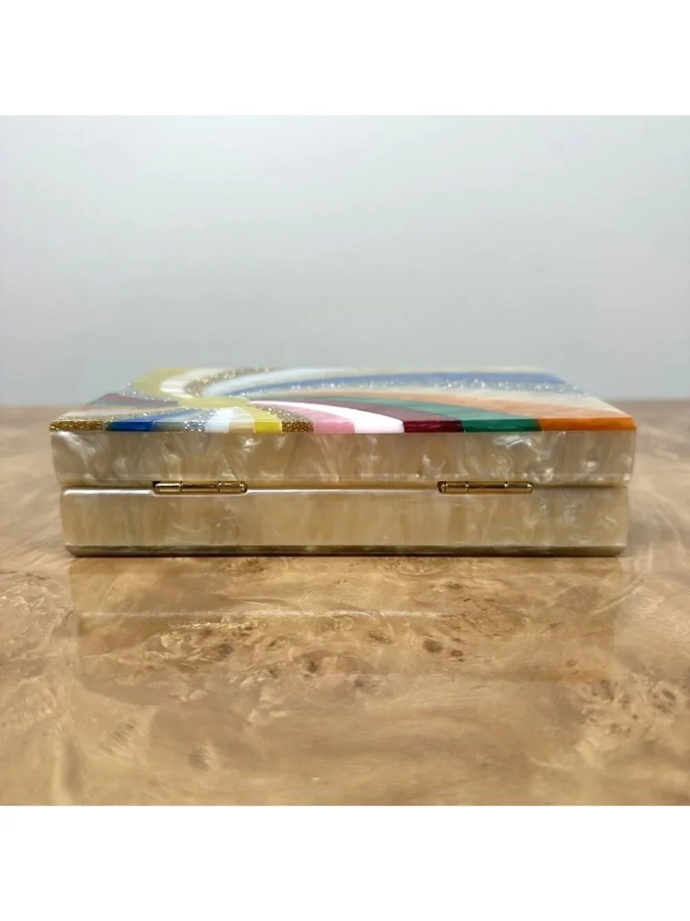 Rainbow Acrylic Box Clutch Multicolor Glitter Swirl Evening Bag Gold Chain